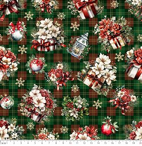 Tricoline digital Natal Presentes, corrido (0,55cm x 1,50 de largura)