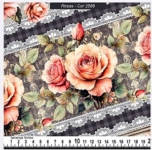 Tricoline digital Rosas fundo cinza (0,55cm x 1,50 de largura)