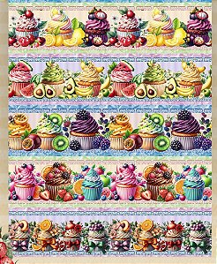 Tricoline digital Cupcakes frutas (0,55cm x 1,50 de largura)