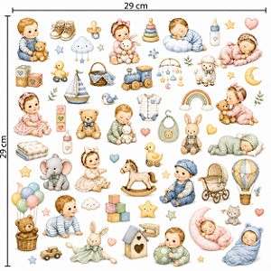 Decalques têxtil infantil, bebê (1 cartela com 29cm x 29)
