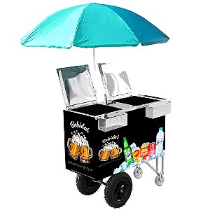 Carrinho Duas Cubas Duplo Inox Açaí Picolé Bebida Guarda Sol + Rodinhas Especiais para Areia