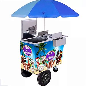 Carrinho De Açaí Picolé Sorvete Com Guarda Sol + Adesivo Total Personalizado
