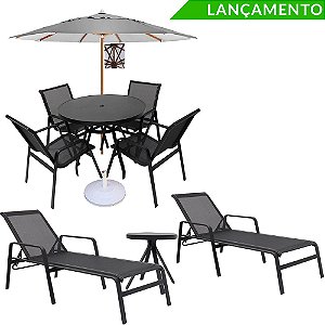 Kit Lótus PREMIUM Jogo de Mesa com 4 Cadeiras, 2 Espreguiçadeiras e Ombrelone