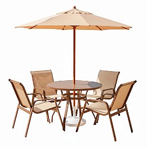 Conjunto de mesa Lótus Tampo Liso com 4 Cadeiras e Ombrelone
