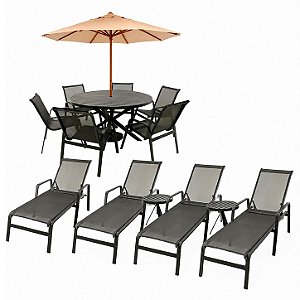 Conjunto Lótus Completo para Área Externa – Mesa 1,40m, 6 Cadeiras, Ombrelone 3m, 4 Espreguiçadeiras e 2 Mesas Laterais