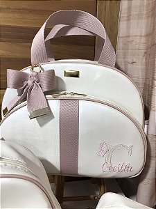 Bolsa Maternidade Média Sintético OffWhite com faixa Rosé