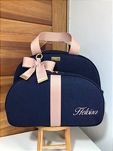 Bolsa Maternidade Grande Linho Azul marinho com faixa Nude