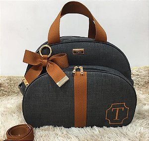 Bolsa Maternidade Grande Linho preto com faixa caramelo