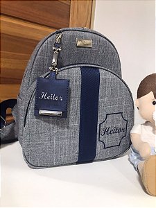 Mochila Baby P Linho cinza escuro com faixa azul marinho