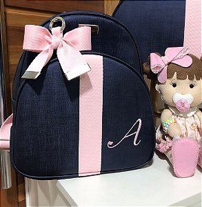 Mochila Baby P Sintético marinho com faixa rosa bebê