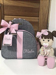 Mochila Baby P Girl Linho cinza com faixa rosa chiclete