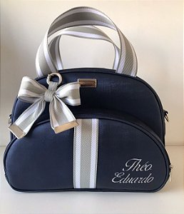 Bolsa Maternidade Pequena Sintético marinho com faixa listrada grossa cinza com branco