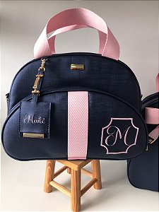Bolsa Maternidade Pequena Sintético marinho com faixa rosa bebê