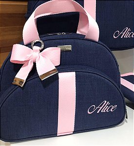 Bolsa Maternidade Pequena Linho azul marinho com rosa bebê