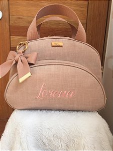 Bolsa Maternidade Pequena Linho rose com faixa nude