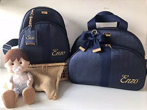 Kit Maternidade Bolsa Grande e Mochilinha baby P Sintético azul marinho com faixa azul marinho