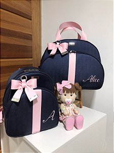 Kit Maternidade Bolsa Grande e Mochilinha baby P Sintético azul marinho com faixa rosa bebê