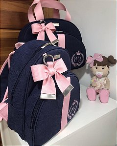 Kit Maternidade Bolsa Média e Mochilinha baby P Linho azul marinho com faixa rosa bebê