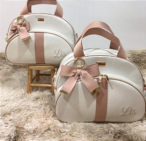 Kit Maternidade Bolsa Média e Bolsa Pequena Sintético Offwhite com faixa nude