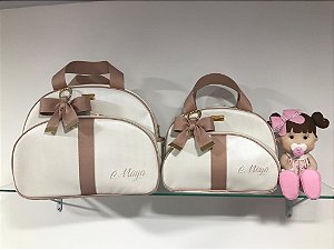 Kit Maternidade Bolsa Grande e Bolsa Pequena Sintético Offwhite com faixa nude