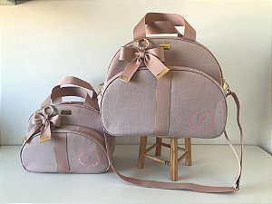 Kit Maternidade Bolsa Grande e Bolsa Pequena Linho rose com faixa nude