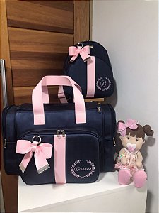 Kit Maternidade Malinha New e Mochilinha baby P  Sintético azul marinho com faixa rosa bebê