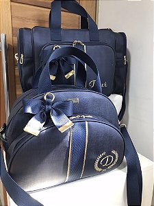 Kit Maternidade Bolsa Média e Malinha New Sintético azul marinho com faixa azul marinho extra dourado