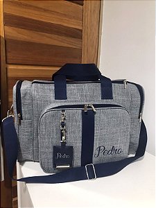 Malinha New Linho cinza escuro com faixa azul marinho