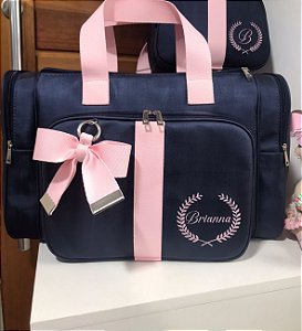 Malinha New Sintético Azul Marinho com faixa rosa bebê