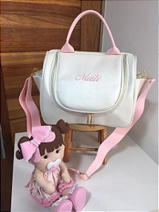 Frasqueira Ceci Sintético Offwhite com alça rosa bebê