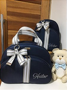 Kit Maternidade Bolsa Média e Mochilinha baby P Sintético azul marinho com faixa listrada cinza e branca