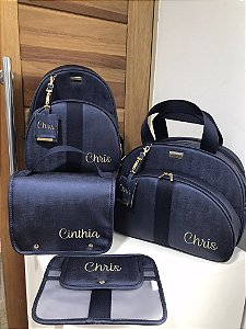 Kit Maternidade Bolsa Média, Mochilinha baby P, Necessarie Fox e Porta Carteira de Vacinação Sintético azul marinho com faixa marinho