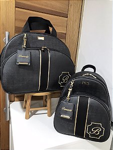 Kit Maternidade Grande e Mochilinha baby P Sintético Preto com faixa extra dourada e Preto
