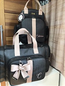Kit Maternidade Mochila Multi, Malinha New Sintético preto com faixa nude