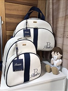 Kit Maternidade Grande e Mochilinha baby P Sintético Offwhite, faixa azul marinho
