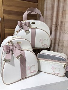 Kit Maternidade Bolsa Média, Mochilinha baby P e Necessarie Carol Sintético Offwhite com faixa rosé