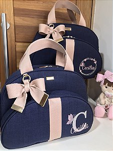 Kit Maternidade Bolsa Média e Bolsa Pequena Linho Azul marinho com faixa nude