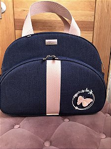 Bolsa Maternidade Média Linho Azul Marinho com faixa rose - Pronta Entrega