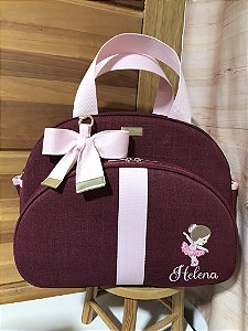 Bolsa Maternidade Média Linho Marsala com faixa rosa bebê