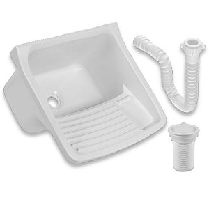 Tanque de Lavar Roupa Plástico Branco 22 Litros com Sifão e Kit Completo de Instalação