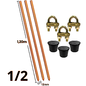 Kit 3 Hastes de Aterramento 12mm 1/2 a 5/8 - 1.20m + 3 Grampos GTDU PA30 para Haste + 3 Caixa de Inspeção Cônica 23x18