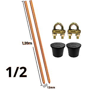 Kit 2 Hastes de Aterramento 12mm 1/2 a 5/8 - 1.20m + 2 Grampos GTDU PA30 para Haste + 2 Caixa de Inspeção Cônica 23x18