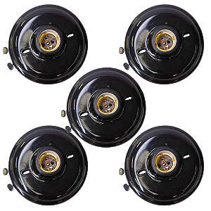 Kit 5 Plafons Plafonier Redondos Pretos E27 com Bocal de Porcelana 100W