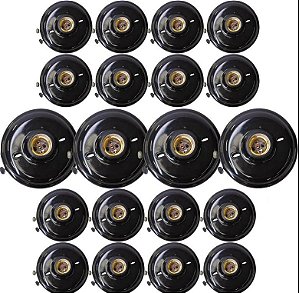 Kit 20 Plafons Plafonier Redondos PRETO E27 com Bocal de Porcelana 100W