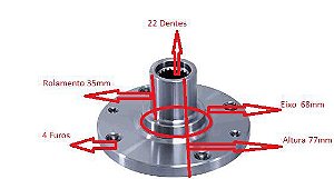 Cubo Roda Dianteiro - Uno 1.5R /1.6R 8v 1987 a 1993   S/ABS / 4 Furos / 22 Estrias / Furo Do Rolamento 35mm