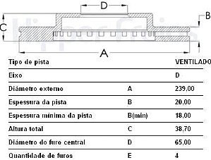 Par Disco Freio Dianteiro - 239mm x 20mm - Ventilado - Gol 1.0/1.6/1.8/2.0 8v/16v 1987 a 2009