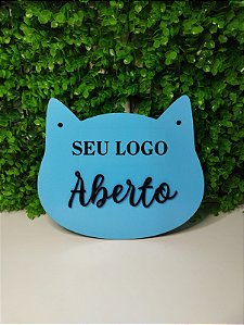 Placa Aberto / Fechado em mdf formato Gato, acompanha cordão e ventosa
