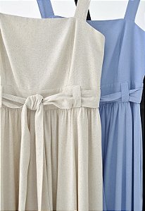 VESTIDO MIDI EM LINHO CRU E AZUL