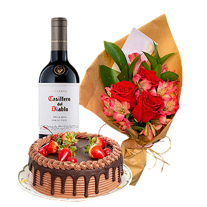 Ramalhete Rosas e Astromelias + Bolo de Chocolate e Vinho Casillero Del Diablo