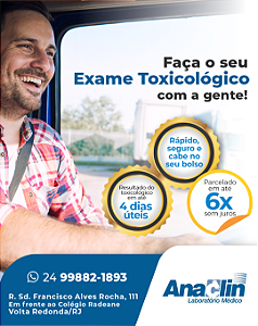 Exame Toxicológico - Volta Redonda-RJ - ANACLIN-VOLTA REDONDA/RJ (C.N.H, Empregado CLT, Concurso Público)